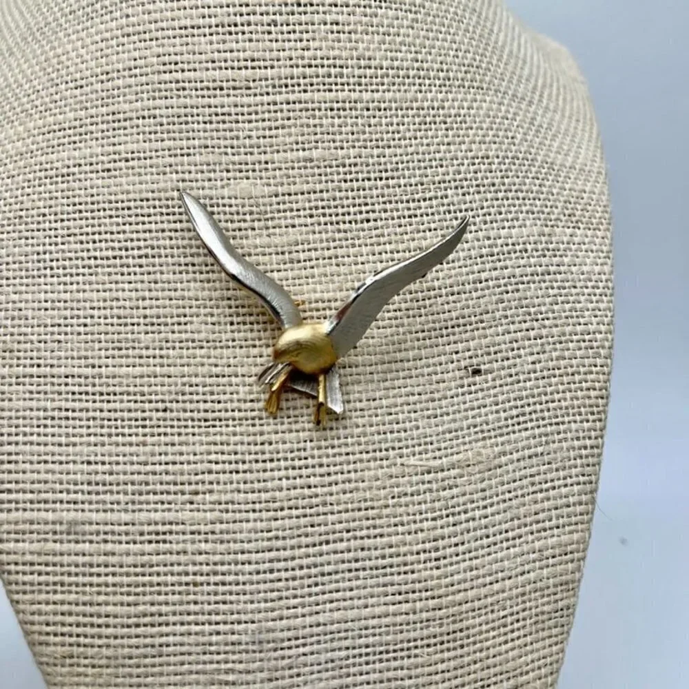 Small Gold and Pewter Bird Pin Brooch